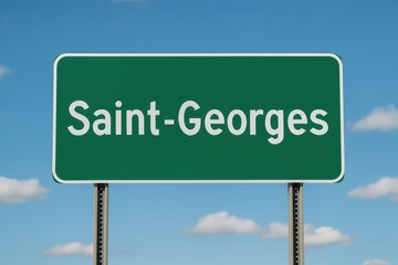 Green road sign with the name Saint-Georges against a blue sky, symbolizing city location, navigation, and travel direction.