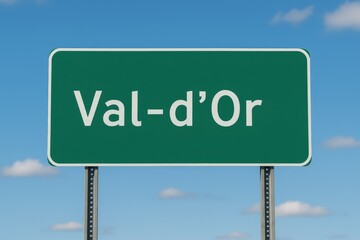 Green road sign displaying "Val-d'Or" under a bright blue sky, representing location, travel, or city entrance point.
