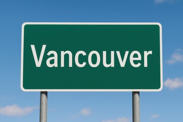 Green road sign displaying "Vancouver" under a bright blue sky, representing travel, navigation, or city entry point.