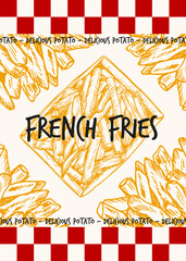 French fries poster design. Potato chips, fried slices sketch outline drawing illustration in engraving style. Fast food hand drawn vector clipart isolated