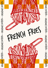 Potato french fries in a deep fryer poster design. Potato chips, fried slices outline drawing illustration in engraving style. Fast food hand drawn sketch vector clipart isolated