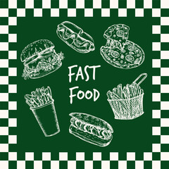 Fast food hand drawn sketch illustration collection. French fries, pizza, hot dog, burger in engraving style, outline vector clipart isolated