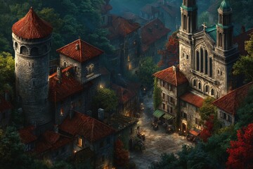 Charming medieval village at dusk with stone buildings and a historic church surrounded by lush trees
