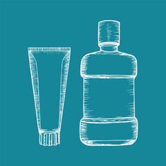 Toothpaste and mouthwash vector sketch illustration set. Dental and oral hygiene tools, dental care. Hand drawn doodle outline isolated