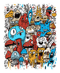 Colorful Doodle Art Featuring Various Whimsical Creatures and Mushrooms
