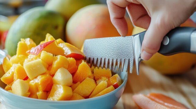 A person using a serrated peeler to remove the skin from a mango, with a sharp knife and a bowl of fresh fruit salad ready