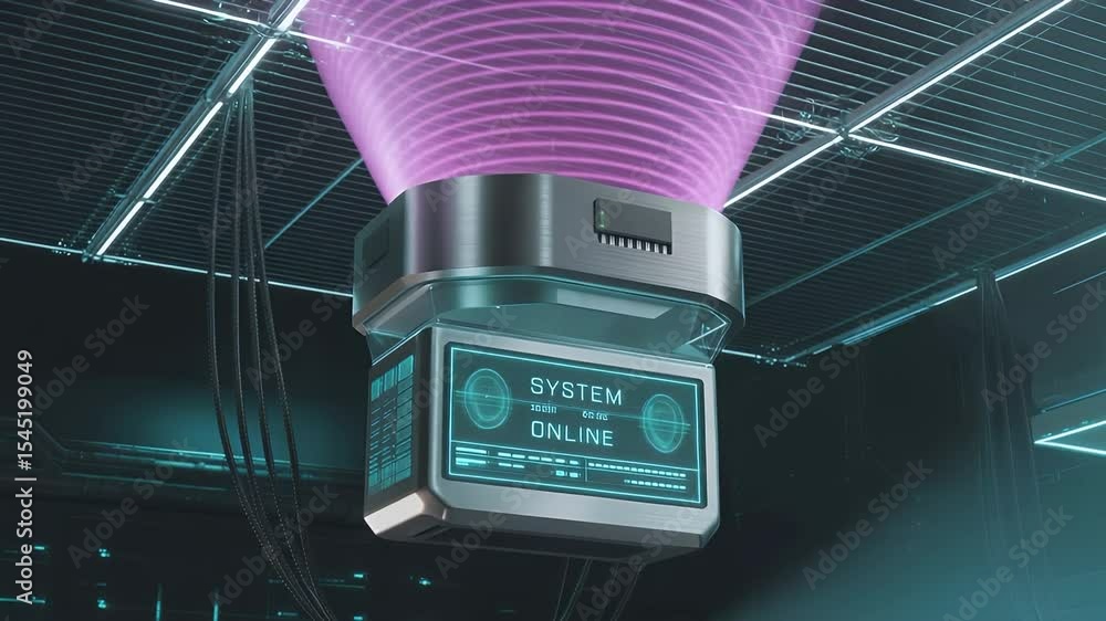Poster technological nexus: an advanced device projects a vibrant beam of data in a digital world, represen