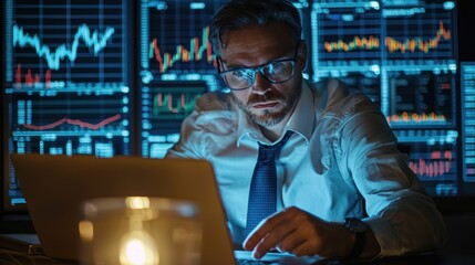 A businessman analyzing financial risk and reward on a laptop screen
