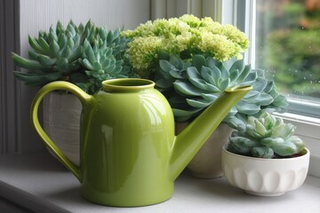 Bright green watering can beside succulent plants on a windowsill during a sunny day