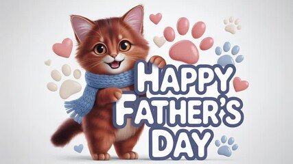 Charming Cartoon Cat with Blue Scarf Holding Happy Father's Day Sign Surrounded by Hearts and Paw Prints on Clean White Background Celebrating Fathers Day Occasion