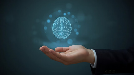 Open Hand Presenting a Glowing Blue Digital Human Brain Hologram, Symbolizing Artificial Intelligence, Neuroscience, and Cognitive Technology.