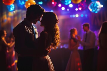 Couple dancing under colorful lights at a vibrant evening party celebration