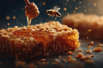 Honey drips from a wooden dipper onto a honeycomb with a bee hovering nearby in a warm, inviting setting
