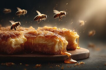Delicious dessert topped with honey and surrounded by buzzing bees in a warm setting