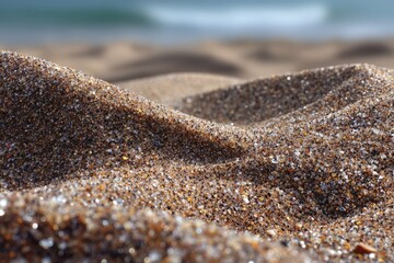 Waves softly lap against sandy shoreline on a bright sunny day by the beach
