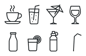 Beverage outline icons set – drink, liquid and refreshment line symbols