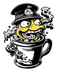 Cartoon Character Emerging from a Mug with Steam and Exciting Expressions