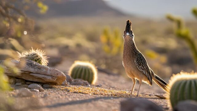 Roadrunner in Desert Sunset: A greater roadrunner stands alert amidst barrel cacti in a sun-drenched desert landscape at sunset, showcasing the beauty of desert wildlife. 