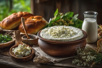 Freshly made cottage cheese served with herbs and bread in a rustic kitchen setting during the day