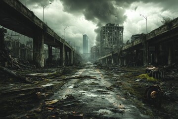 Desolate urban landscape reveals remnants of a city in decay following a catastrophic event