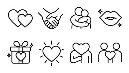 Love and relationship icons set &ndash; outline, romance and affection symbols