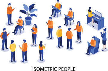 Isometric people working with laptops, using mobile phones, communicating in office, team collaboration, modern workplace, vector business illustration