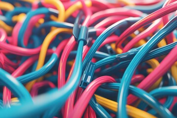 Colorful tangled wires create an abstract pattern in a close-up view, showcasing the vibrant hues of technology