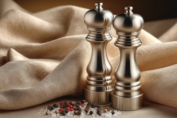 Decorative stainless steel salt and pepper shakers on a textured fabric surface during a dining setup