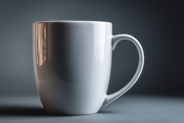 Simple white ceramic mug placed on a smooth surface under soft lighting in a minimalistic setting