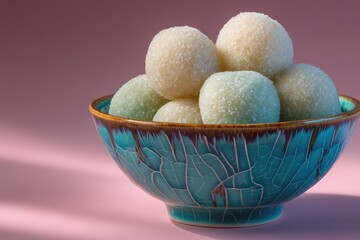 Soft and sweet rice balls arranged in a decorative bowl on a pastel background