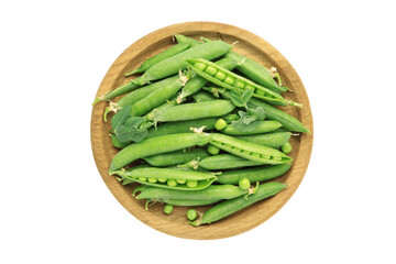 Fresh green peas in wooden bowl isolated on white background, healthy green vegetable or legume