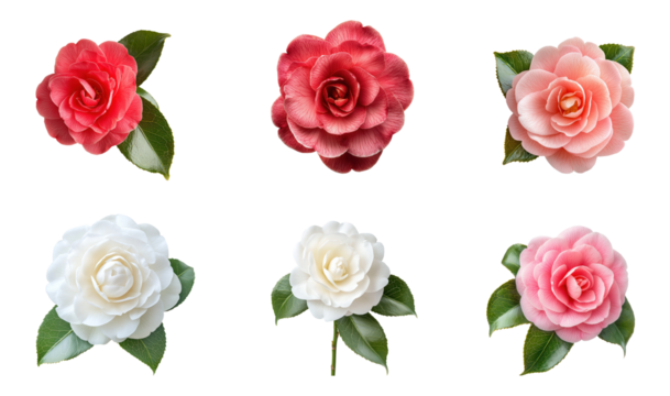 Collection of camellia, bold and beautiful. full length isolate on transparent background