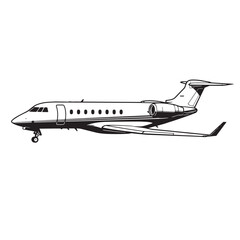 Black and white illustration of a vintage art silhouette private jet in flight