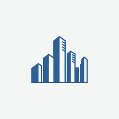 Minimalist city skyline logo with dark blue geometric skyscrapers. Clean, modern, and symmetrical design ideal for urban branding, architecture, or real estate identity.