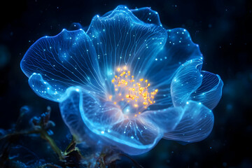 Obraz premium Glowing bioluminescent flower in dark fantasy setting with neon blue and yellow light
