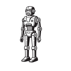 Classic robot illustration vintage art silhouette of a retro futuristic android on white background