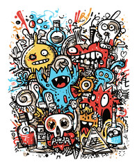 Colorful Doodle of Monsters, Science Tools, and Fun Characters