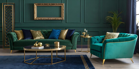 Luxurious Emerald Green Velvet Sofa and Armchair in Elegant Gold Accent Living Room Decor
