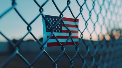 A small American flag caught in a closed metal fence under a cloudy sky