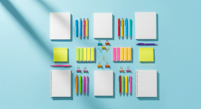 Flat Lay of Colorful Stationery on Blue.
Top-down view of assorted colorful stationery items arranged neatly on a bright blue background.

