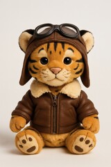 Cute Tiger Cub Plush Toy Wearing Aviator Outfit on White Background