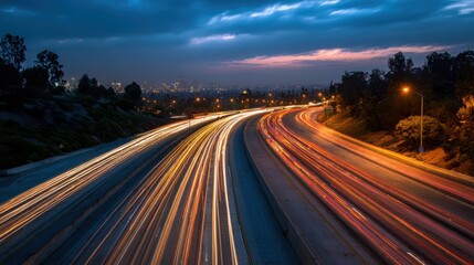Dynamic Time-Lapse Photo of the Freeway. High Speed Concept Image at Dusk.