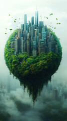 A futuristic floating sphere-city blending skyscrapers and dense forest, representing eco-urban living, green innovation, and sustainable development.
