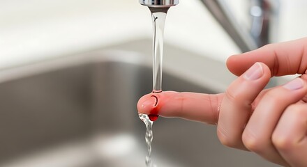 First Aid for Domestic Injury: Person Cleaning a Bleeding Fingertip Wound Under a Stream of Tap Water in a Sink
