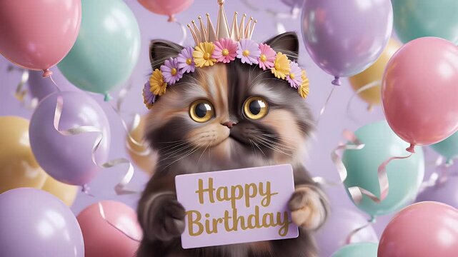 Calico Cat Holds Happy Birthday Sign with Floral Crown and Pastel Balloons for Festive Celebration Greeting Card or Social Media Post Decor and Birthday Concept - Powered by Adobe
