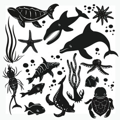 Fototapeta premium Sea life vector silhouette illustration set 