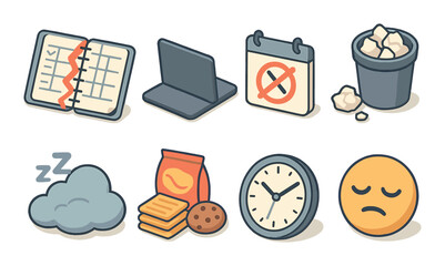 Anti productivity icons set – 3d, simple and relatable distraction symbols