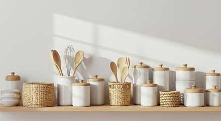 Minimalist Kitchen Shelf With Utensils And Jars.
Clean wooden shelf with ceramic jars, baskets, and kitchen utensils in a minimalist natural style.
