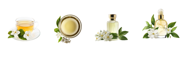 A jasmine tea and jasmine perfume soothing and aromatic. full length isolate on transparent background