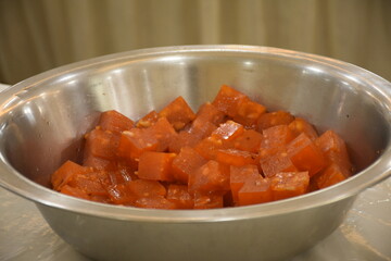 arrangement of dessert mango sweet in a hotel